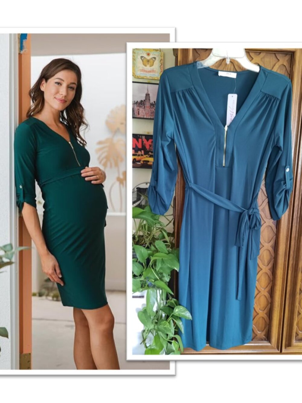 LaClef V Neck Maternity Belted Dress NWT! - Green, Size M